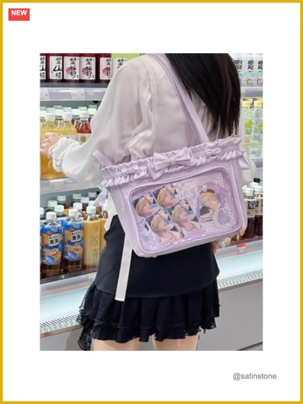 PU Leather Lolita Ita Bag with Display Window, Ruffle Trim Tote Shoulder